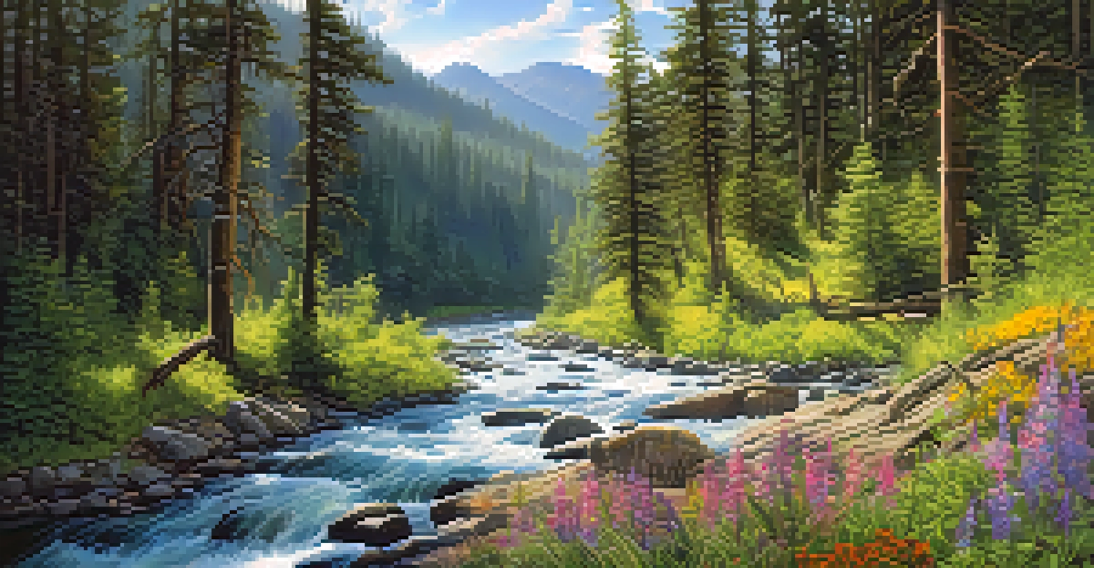 An adventurous scene in Silver Creek Forest with bikers on rugged trails, dramatic cliffs, and a rushing stream.