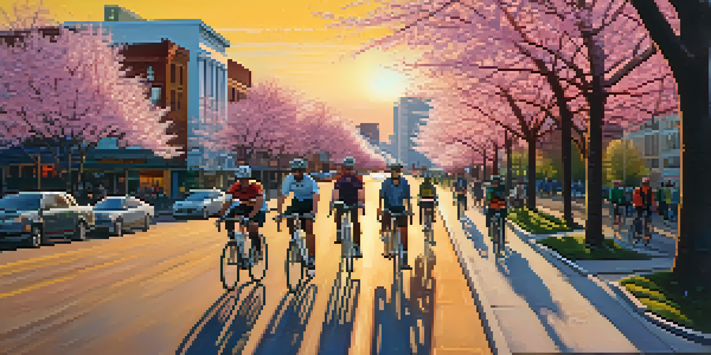 A colorful Portland city scene with cyclists riding in a bike lane, surrounded by cherry blossom trees and a sunset in the background.