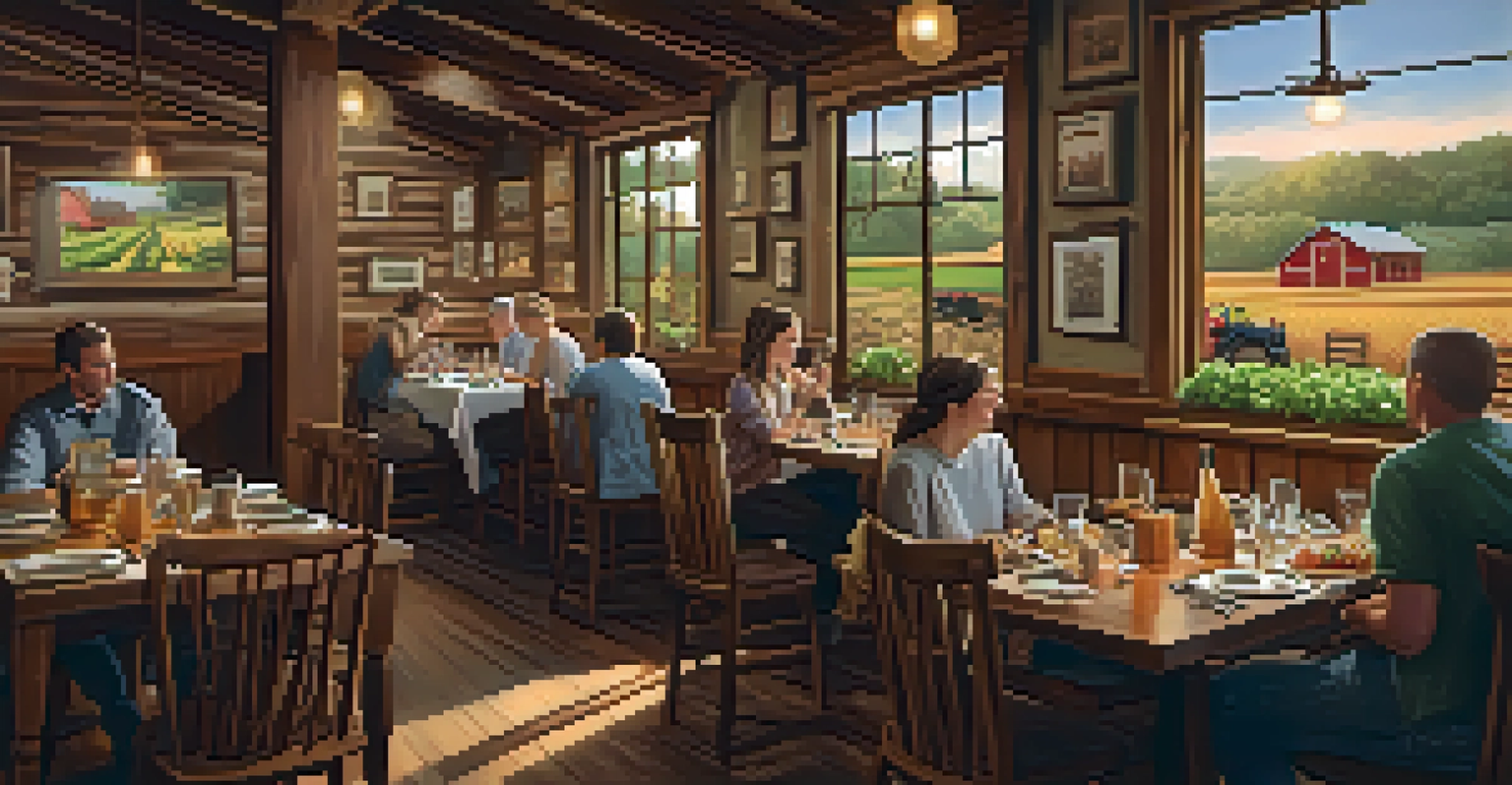 Interior of a cozy farm-to-table restaurant with rustic wooden furniture, warm lighting, and diners enjoying their meals.