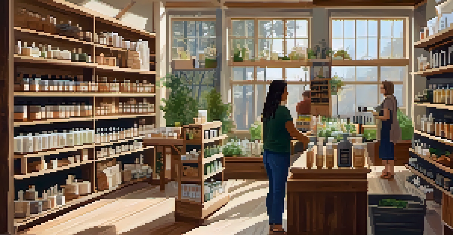 Interior of a cozy eco-friendly shop in Portland, showcasing sustainable products on wooden shelves with natural light streaming in.