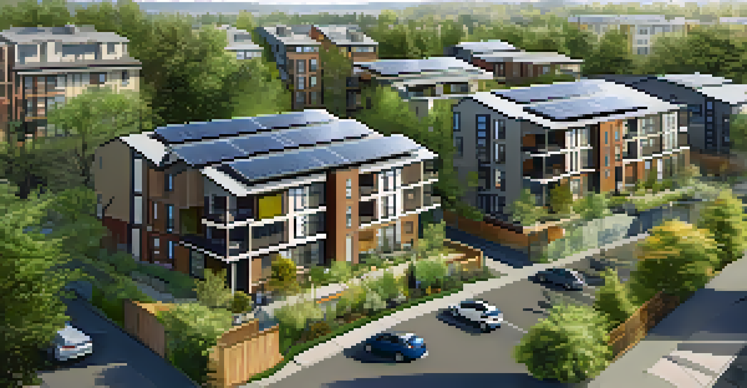 Aerial view of EcoFlats in Portland, highlighting solar panels and surrounding greenery.