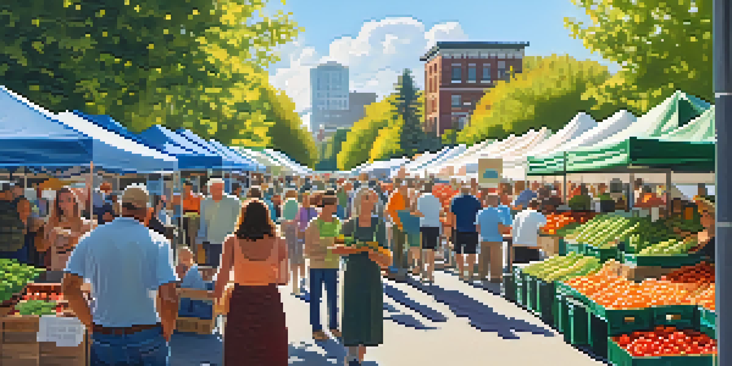 A lively farmers' market in Portland with colorful stalls of fresh produce and shoppers interacting with farmers under a clear blue sky.