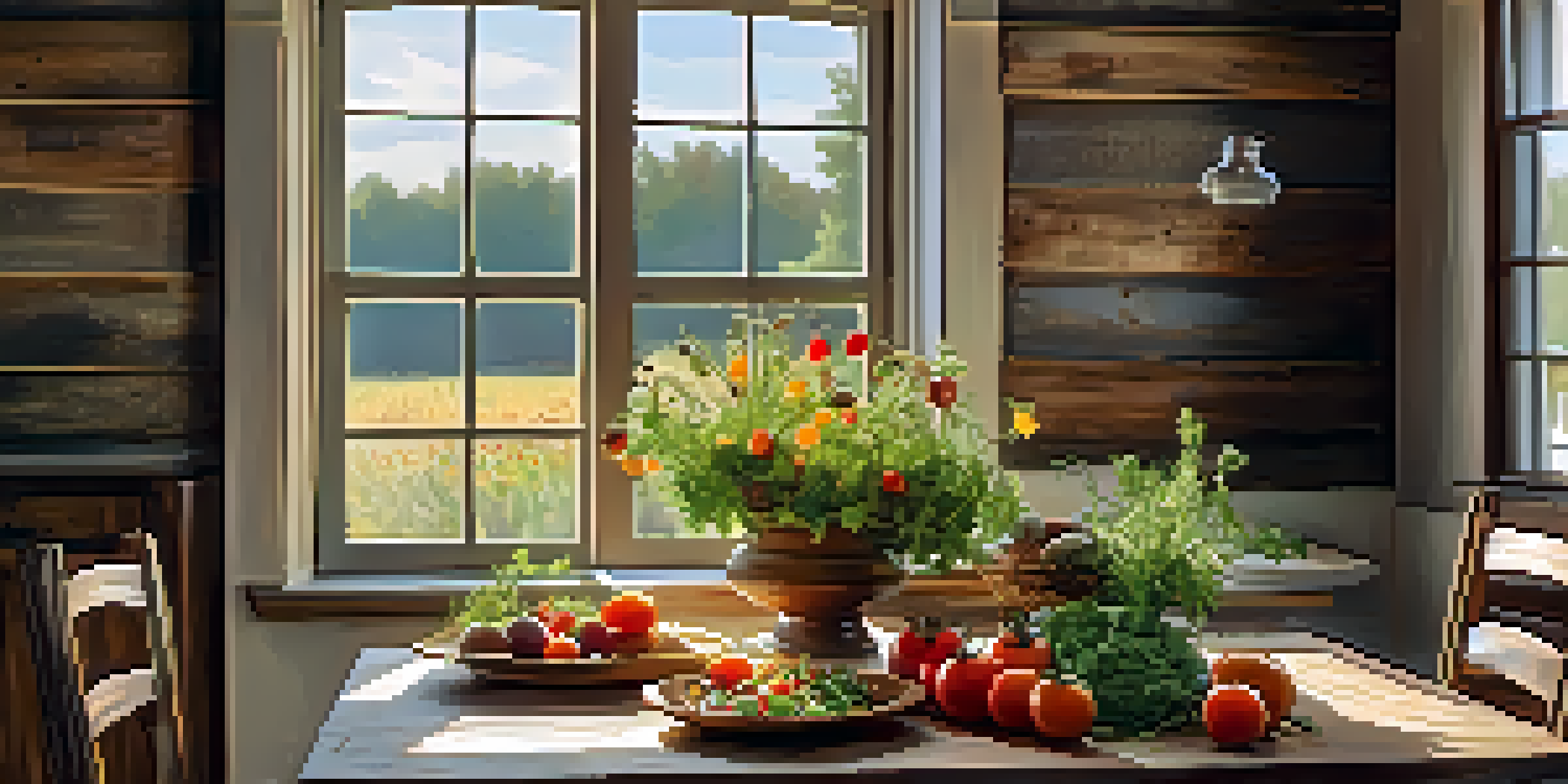 A rustic dining table with seasonal vegetables and heirloom tomatoes, illuminated by soft natural light, set against a farmhouse background.