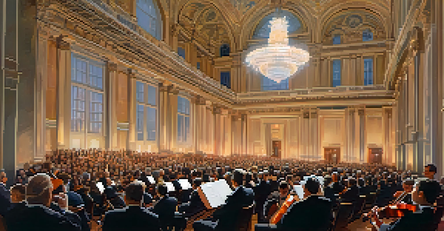 A grand concert hall with a formal audience enjoying a live symphony orchestra performance under beautiful chandeliers.