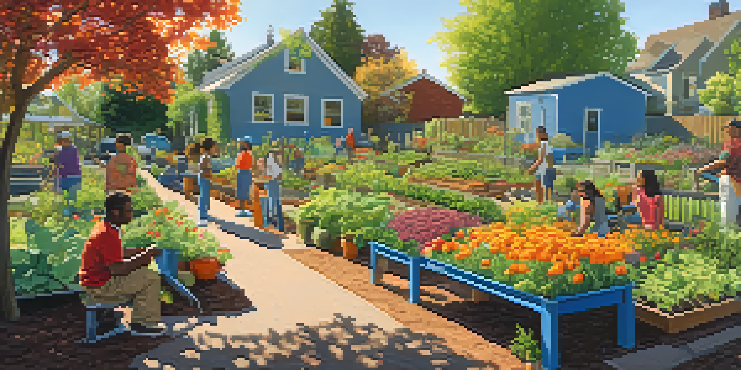 A lively community garden with people planting and watering plants, surrounded by colorful flowers and vegetables under a sunny sky.