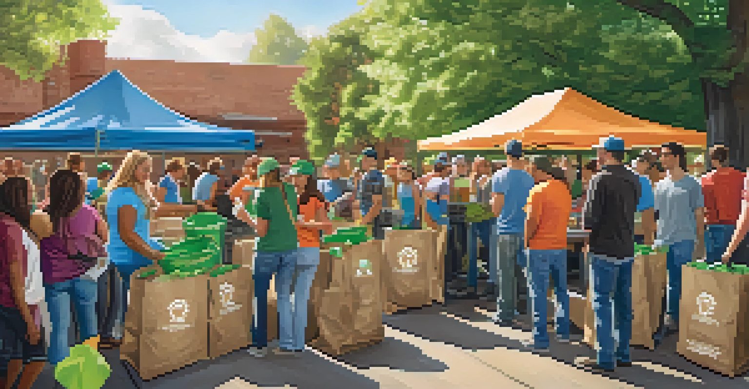 Community members participating in a cleanup initiative at a brewery, with bright banners promoting sustainability and the brewery's logo in the background.