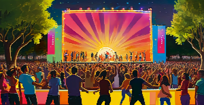A lively music festival in an urban park with diverse attendees enjoying live music, surrounded by colorful decorations and food vendors during sunset.