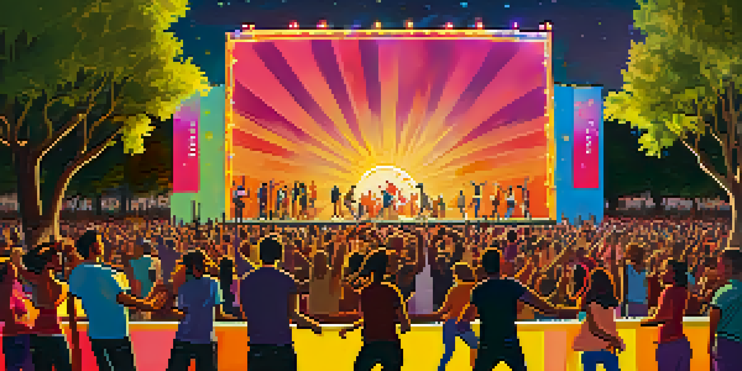 A lively music festival in an urban park with diverse attendees enjoying live music, surrounded by colorful decorations and food vendors during sunset.