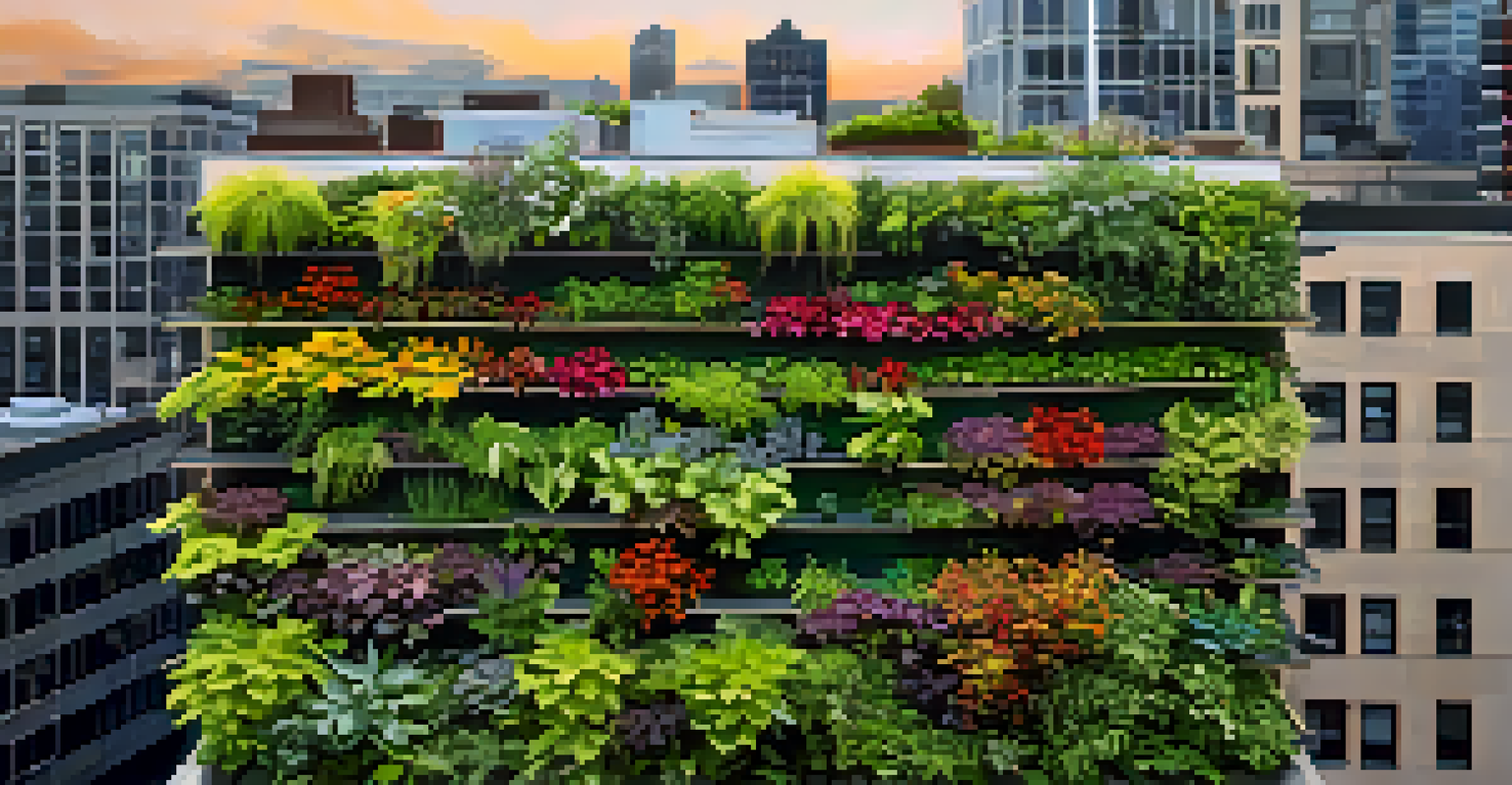 Aerial view of a vertical garden on a rooftop in Portland with colorful plants and city skyline in the background.