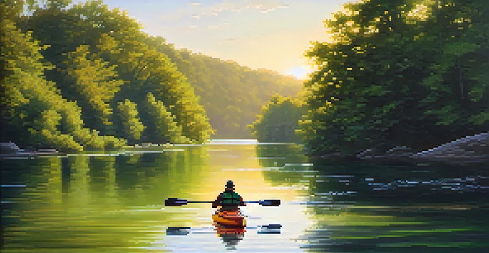 A kayaker peacefully paddling on a calm river with lush greenery and a sunset in the background.
