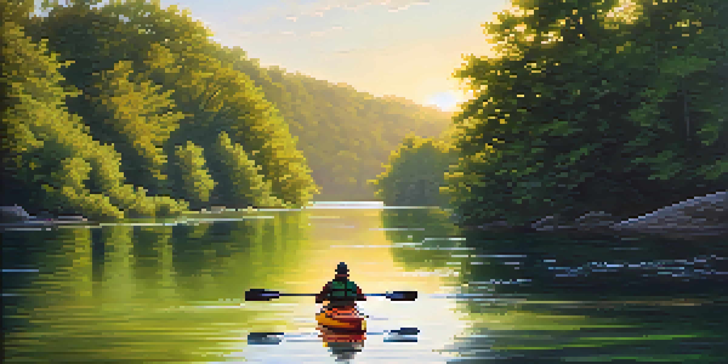 A kayaker peacefully paddling on a calm river with lush greenery and a sunset in the background.