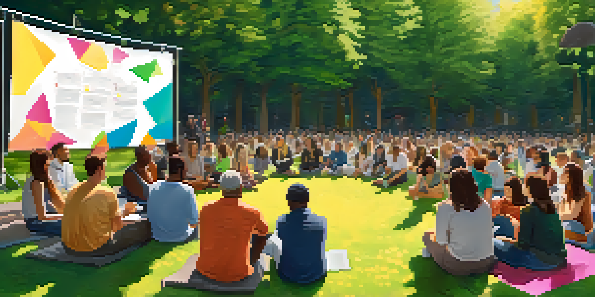 A diverse group of residents in Portland engaged in a community meeting in a park, surrounded by greenery and colorful banners.