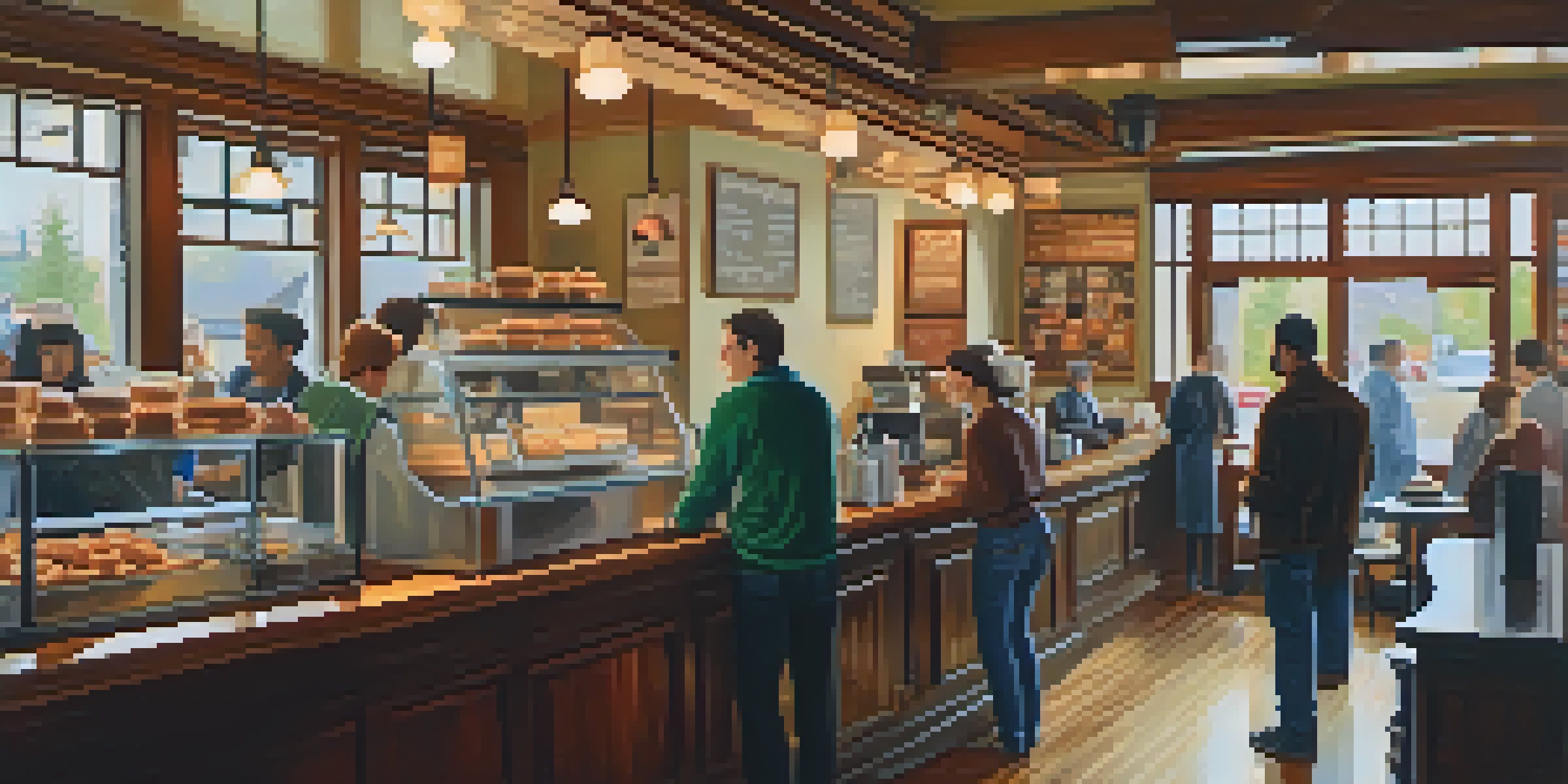 A warm and inviting coffee shop in Portland with a barista brewing coffee and customers enjoying their drinks.