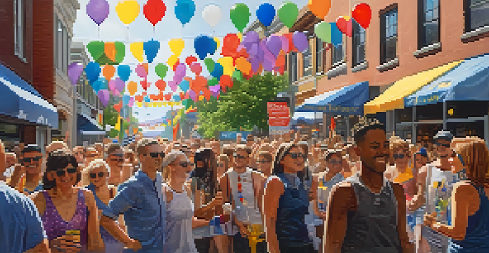 A colorful and lively Portland Pride Parade with diverse attendees celebrating in the sun, surrounded by festive decorations and flags.