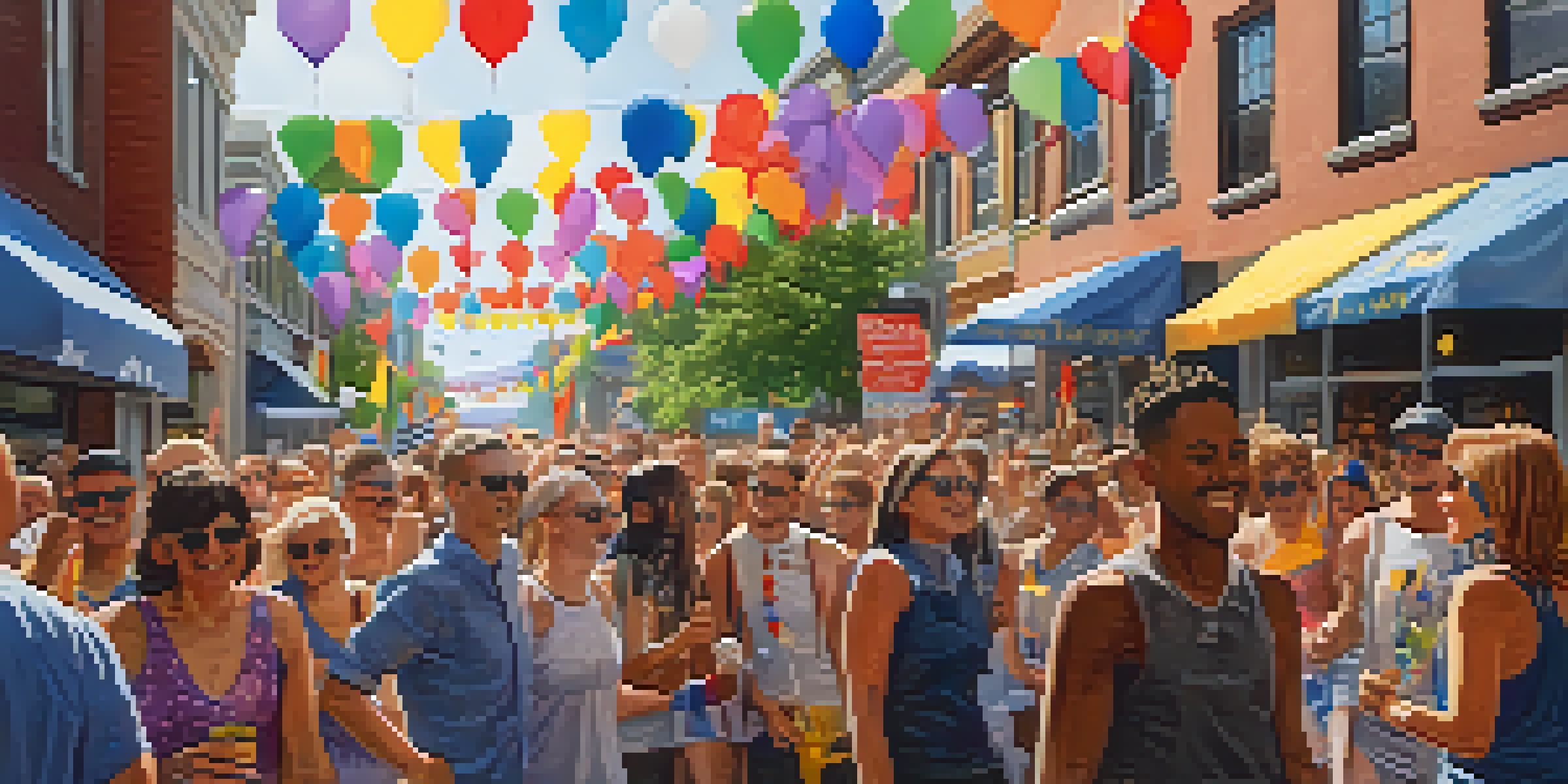 A colorful and lively Portland Pride Parade with diverse attendees celebrating in the sun, surrounded by festive decorations and flags.