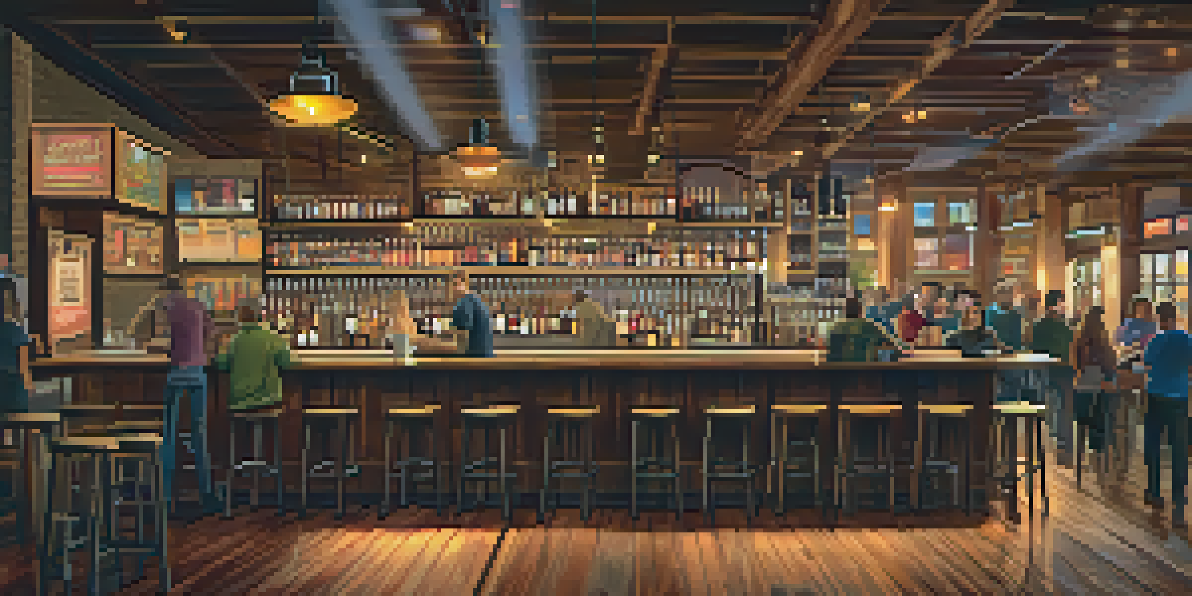A warm and inviting interior of a Portland brewery, featuring patrons enjoying craft beer at wooden tables, with colorful beer labels on the shelves.