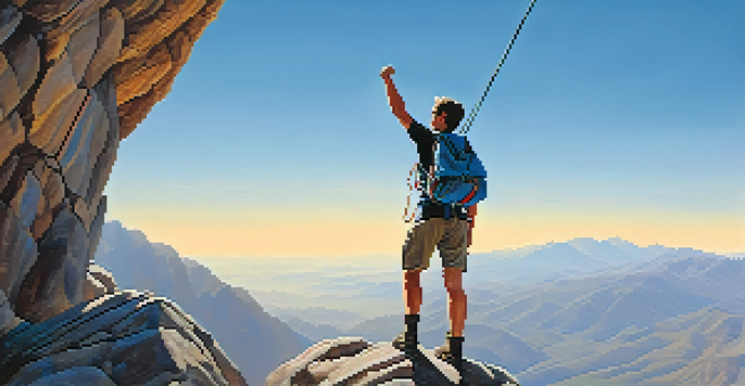 A climber standing at the summit of a mountain, with a panoramic view of valleys and peaks under a clear blue sky.