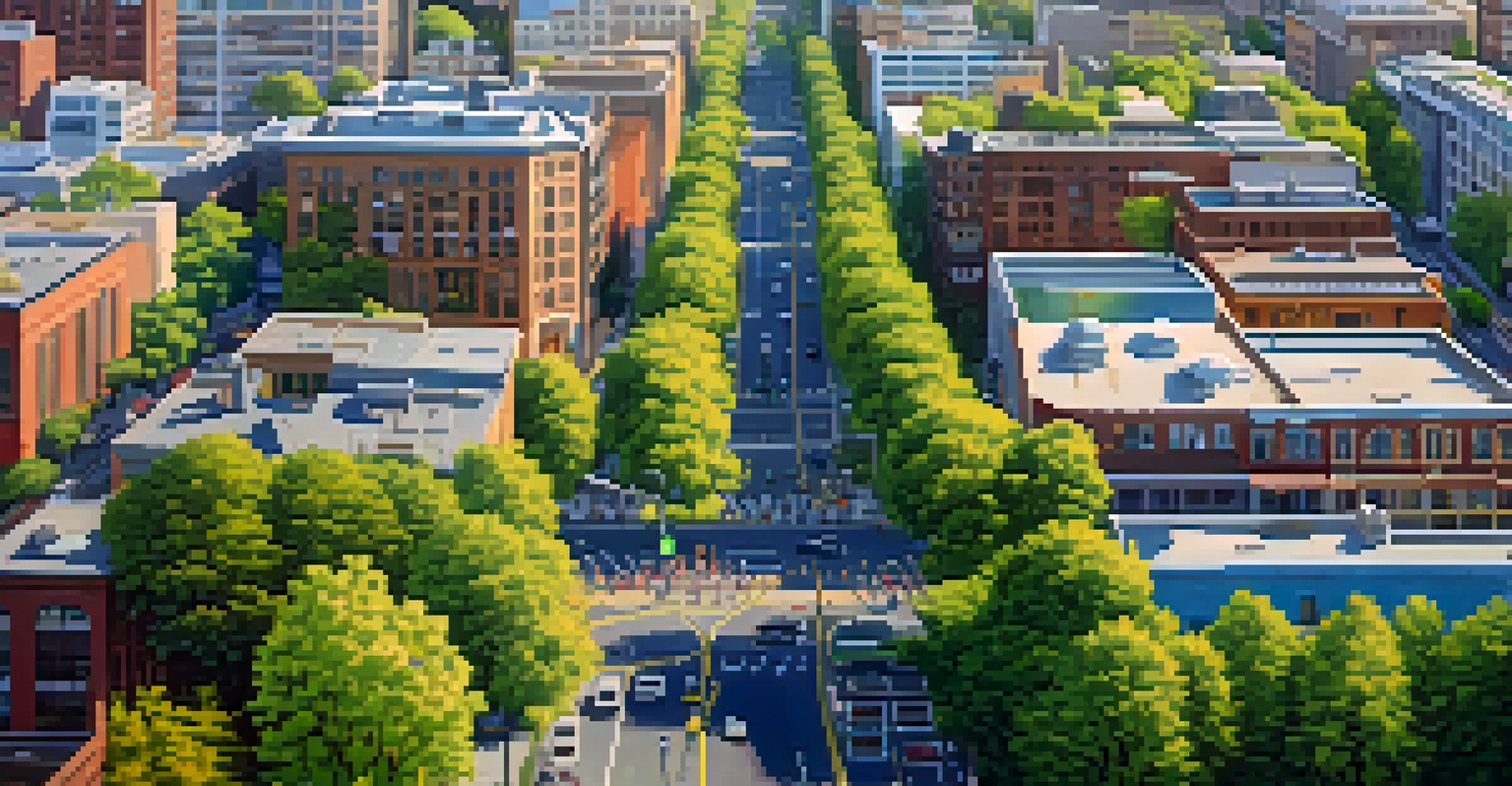 An aerial view displaying Portland's extensive bike lanes and parks with cyclists riding, showcasing the city's bike-friendly infrastructure.