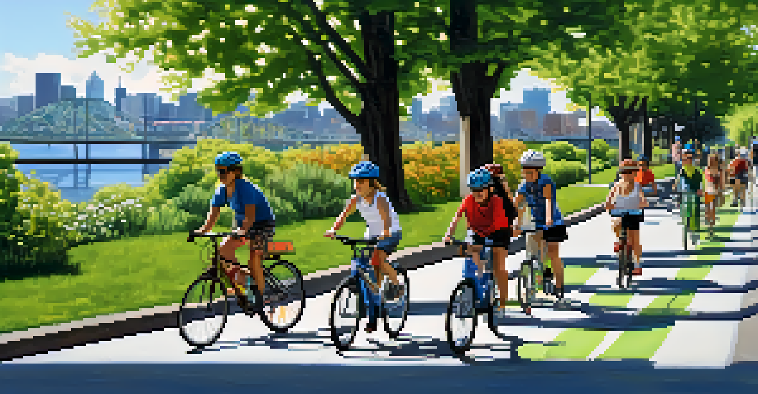A lively bike lane in Portland with cyclists and greenery, demonstrating successful urban planning and community involvement on a sunny day.