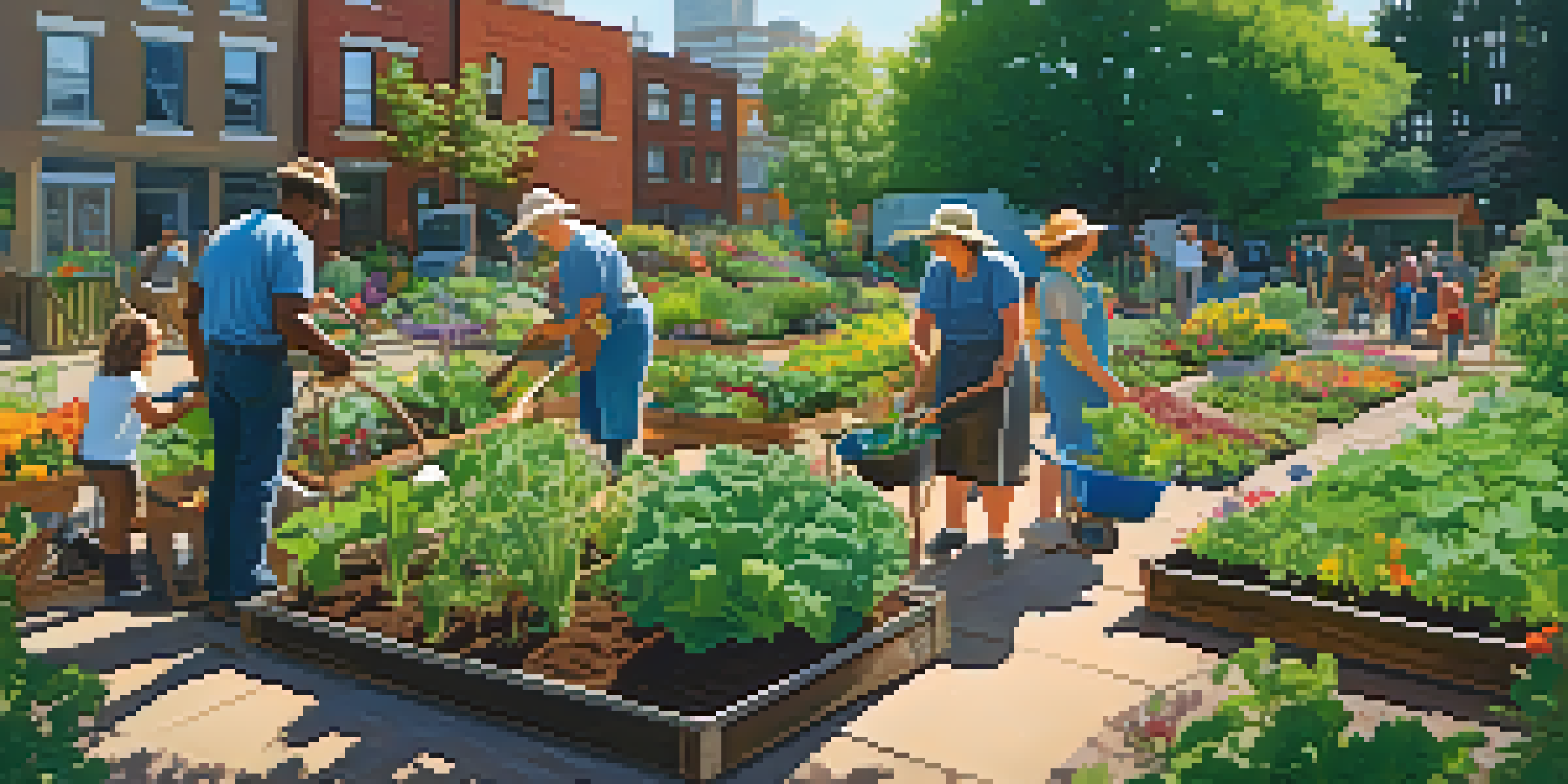 A lively community garden in Portland with diverse gardeners planting and harvesting vegetables, surrounded by flowers and urban buildings.