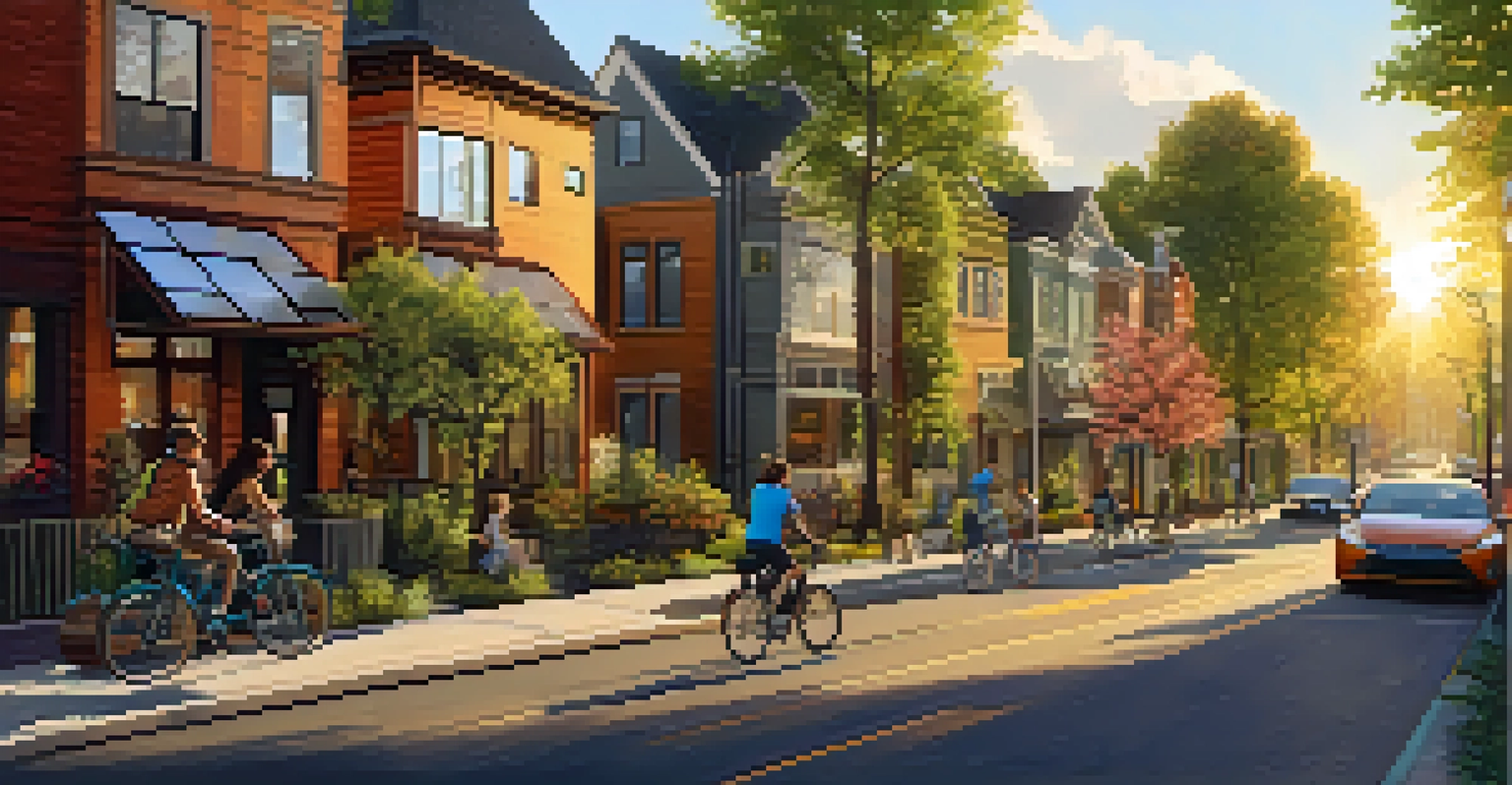 A picturesque Portland street featuring solar panels, electric vehicles, and people biking, bathed in warm golden hour light.