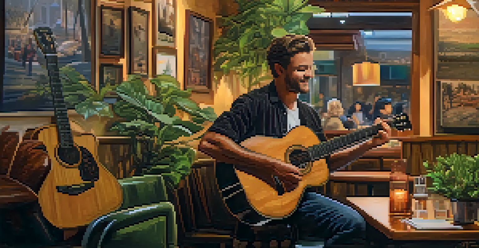 A local musician playing guitar in a cozy café, surrounded by attentive patrons.