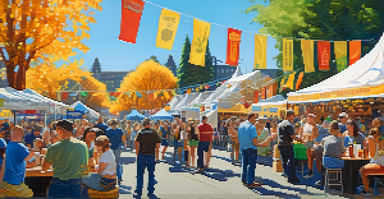 A lively outdoor beer festival in Portland, with people sampling beers and enjoying food from food trucks amidst colorful decorations.