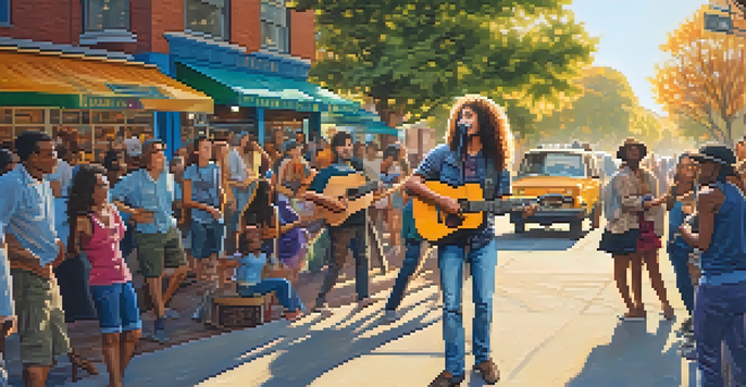 A street musician performing with an acoustic guitar surrounded by a diverse audience and colorful murals.