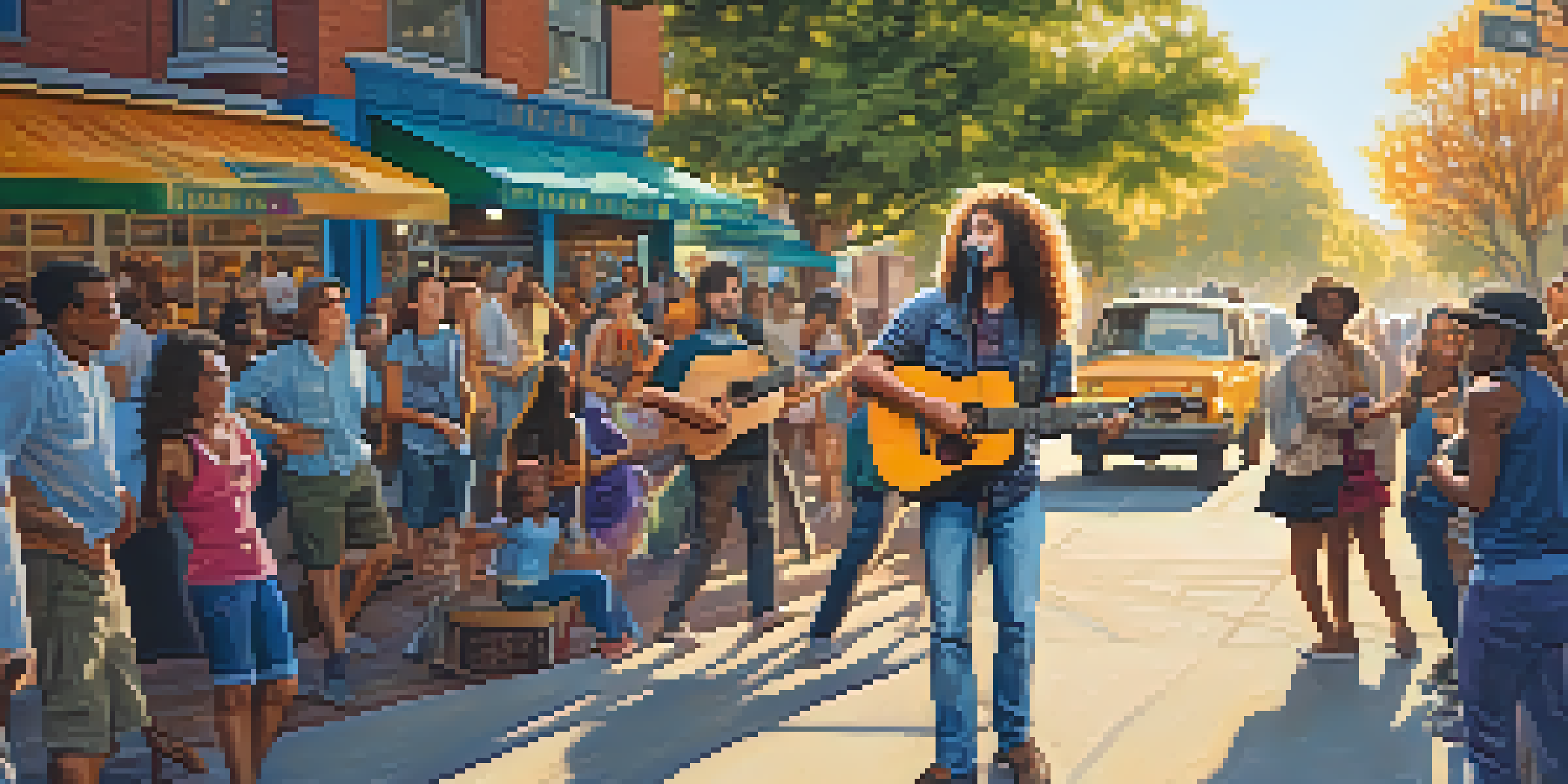 A street musician performing with an acoustic guitar surrounded by a diverse audience and colorful murals.