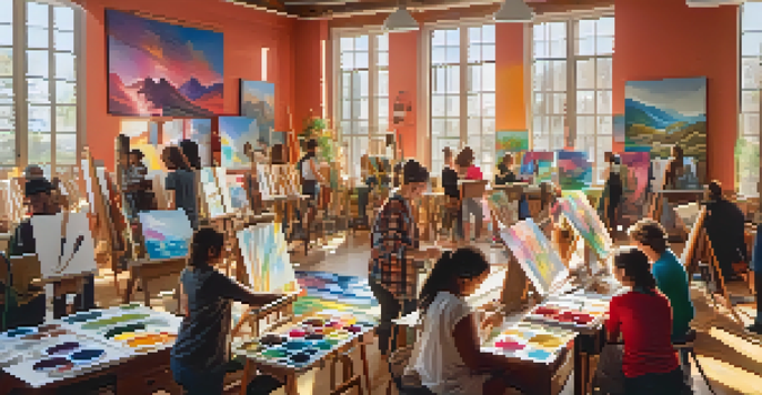 A lively art workshop with participants painting on canvases, surrounded by colorful art supplies and illuminated by sunlight.