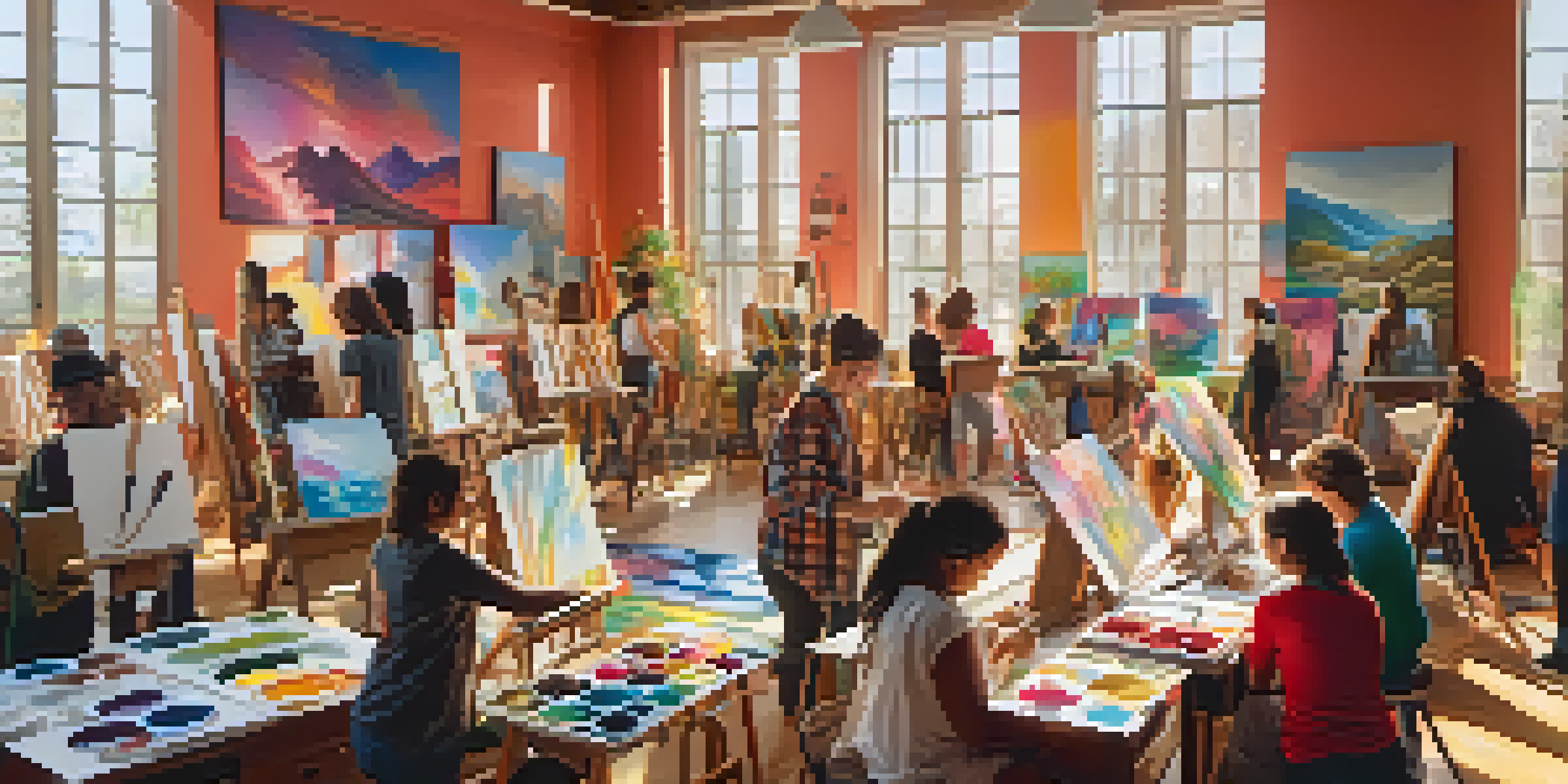 A lively art workshop with participants painting on canvases, surrounded by colorful art supplies and illuminated by sunlight.