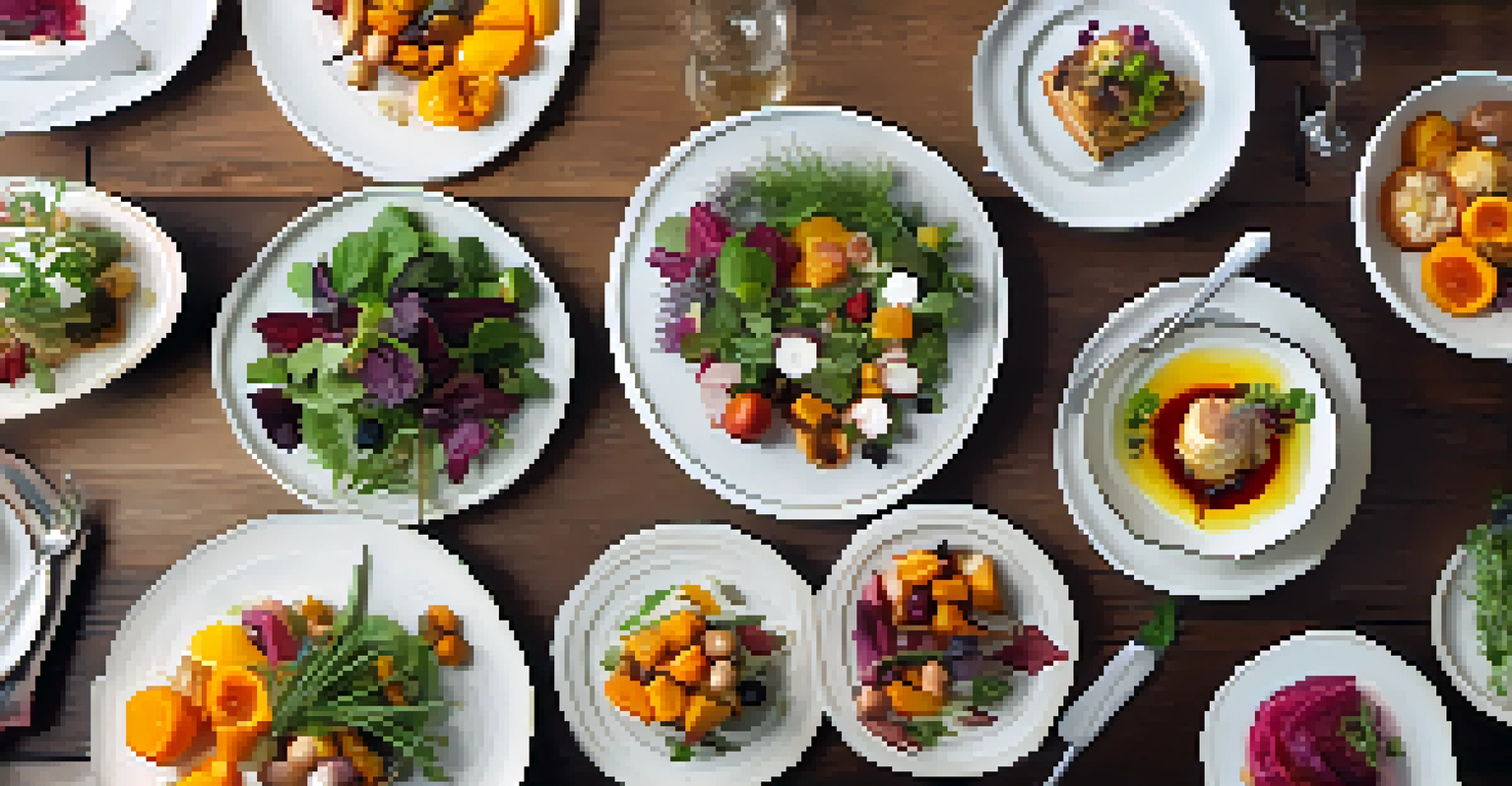 An overhead view of a seasonal tasting menu featuring colorful dishes on a wooden table.