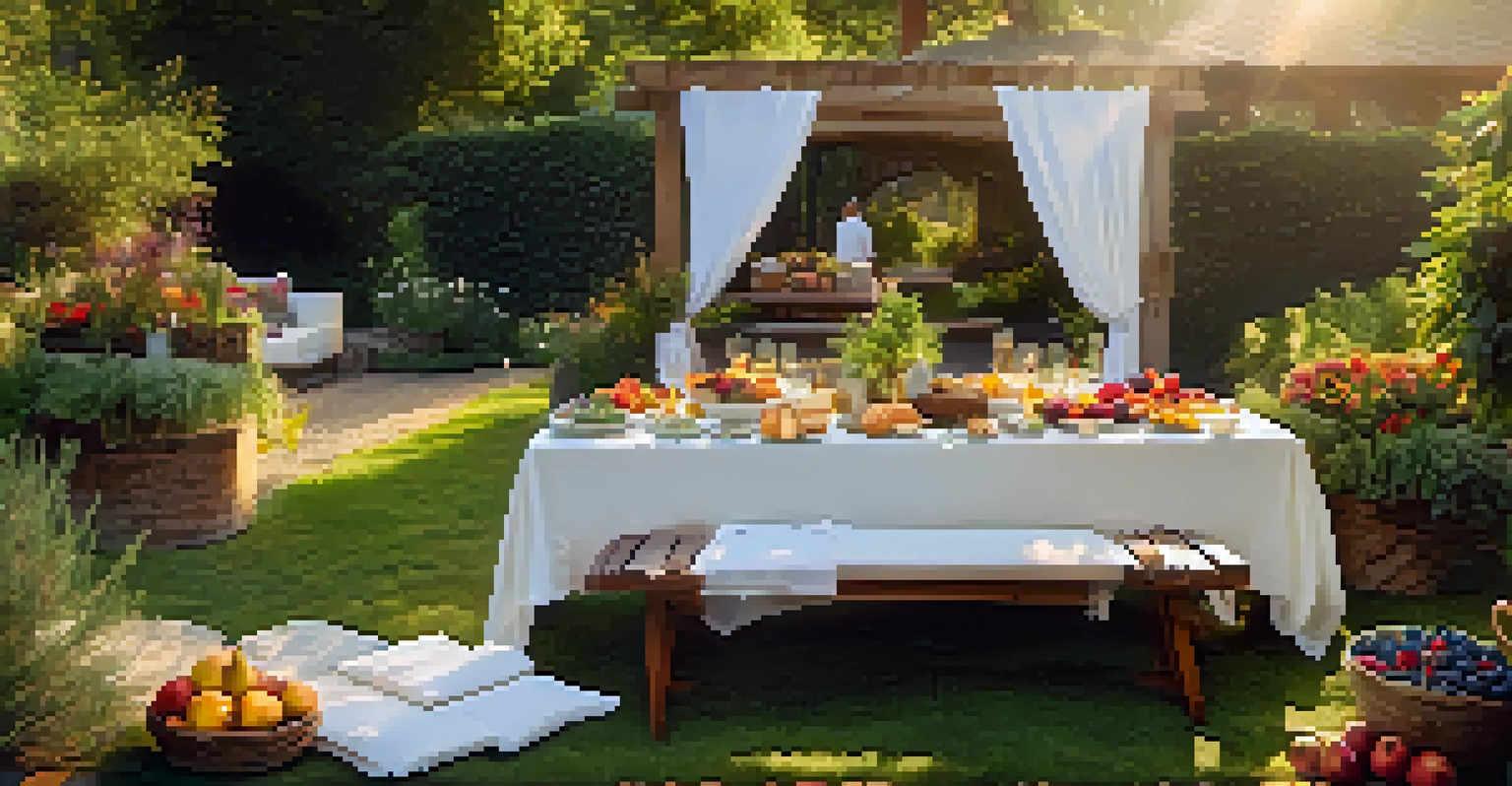 An outdoor dining table set in a garden with artisanal bread, cheeses, and fruits, illuminated by golden hour sunlight.
