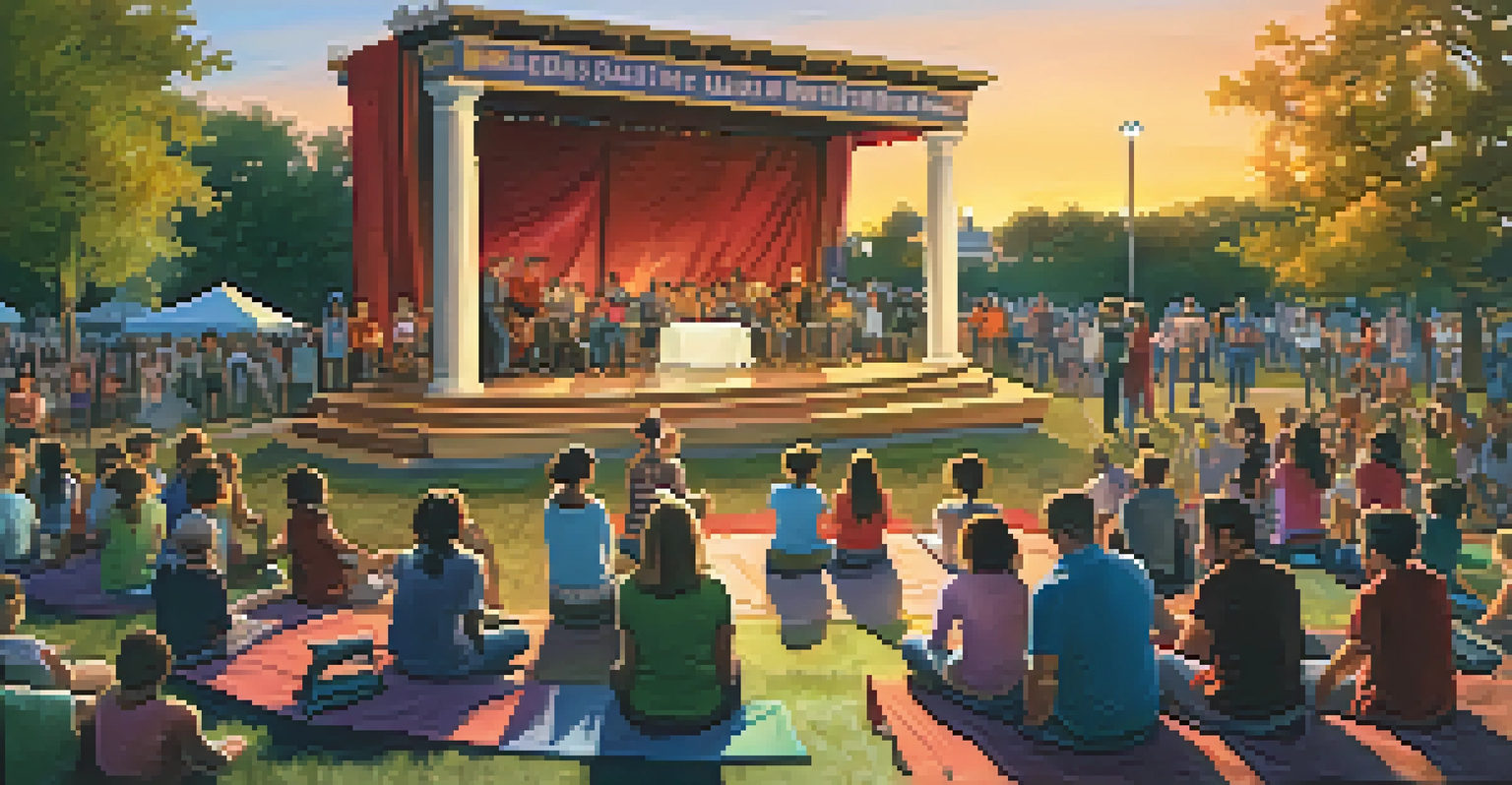A community theater rehearsal outdoors with diverse actors and an engaged audience enjoying the performance.