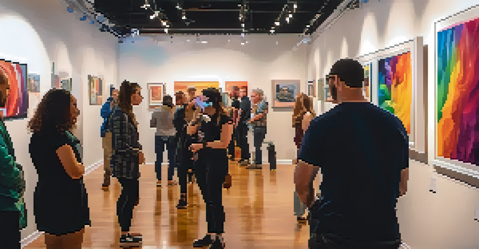 An art exhibit featuring diverse works by LGBTQ+ artists, with attendees admiring the colorful pieces in a softly lit gallery.