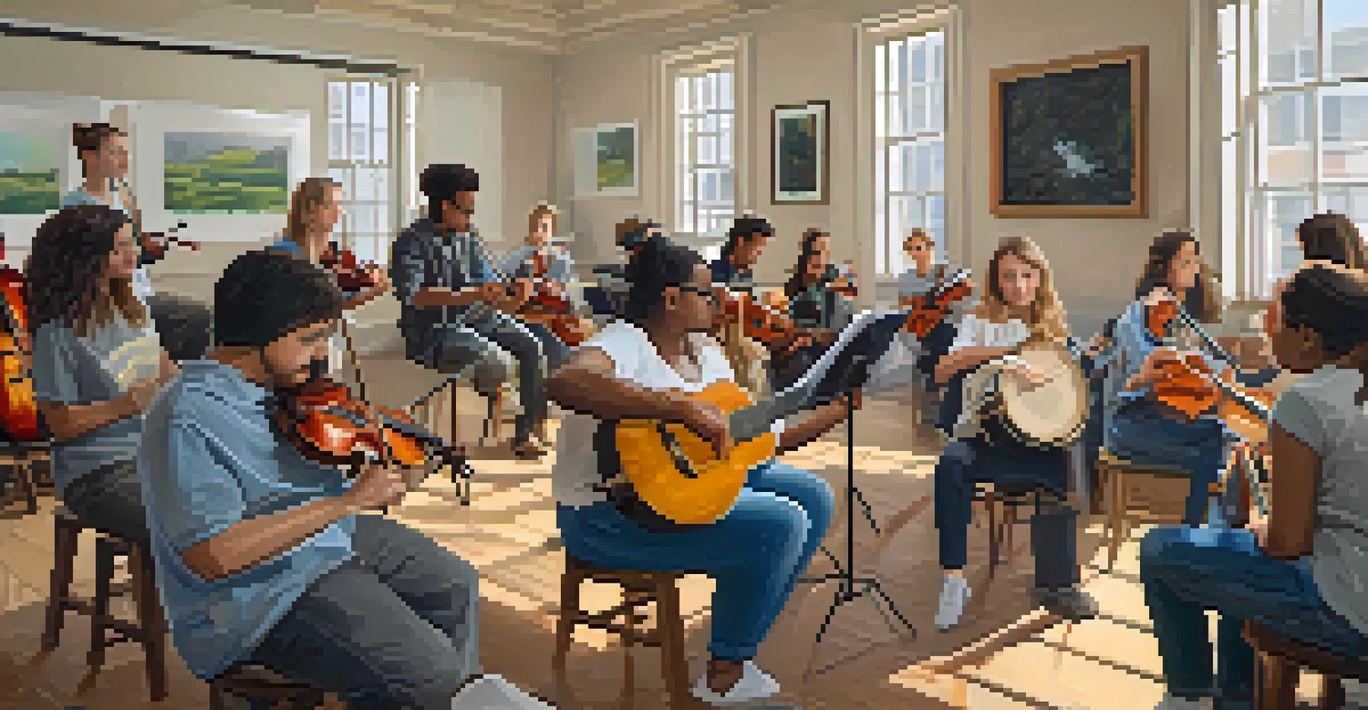 A music workshop with participants learning and collaborating under the guidance of an instructor, surrounded by instruments.