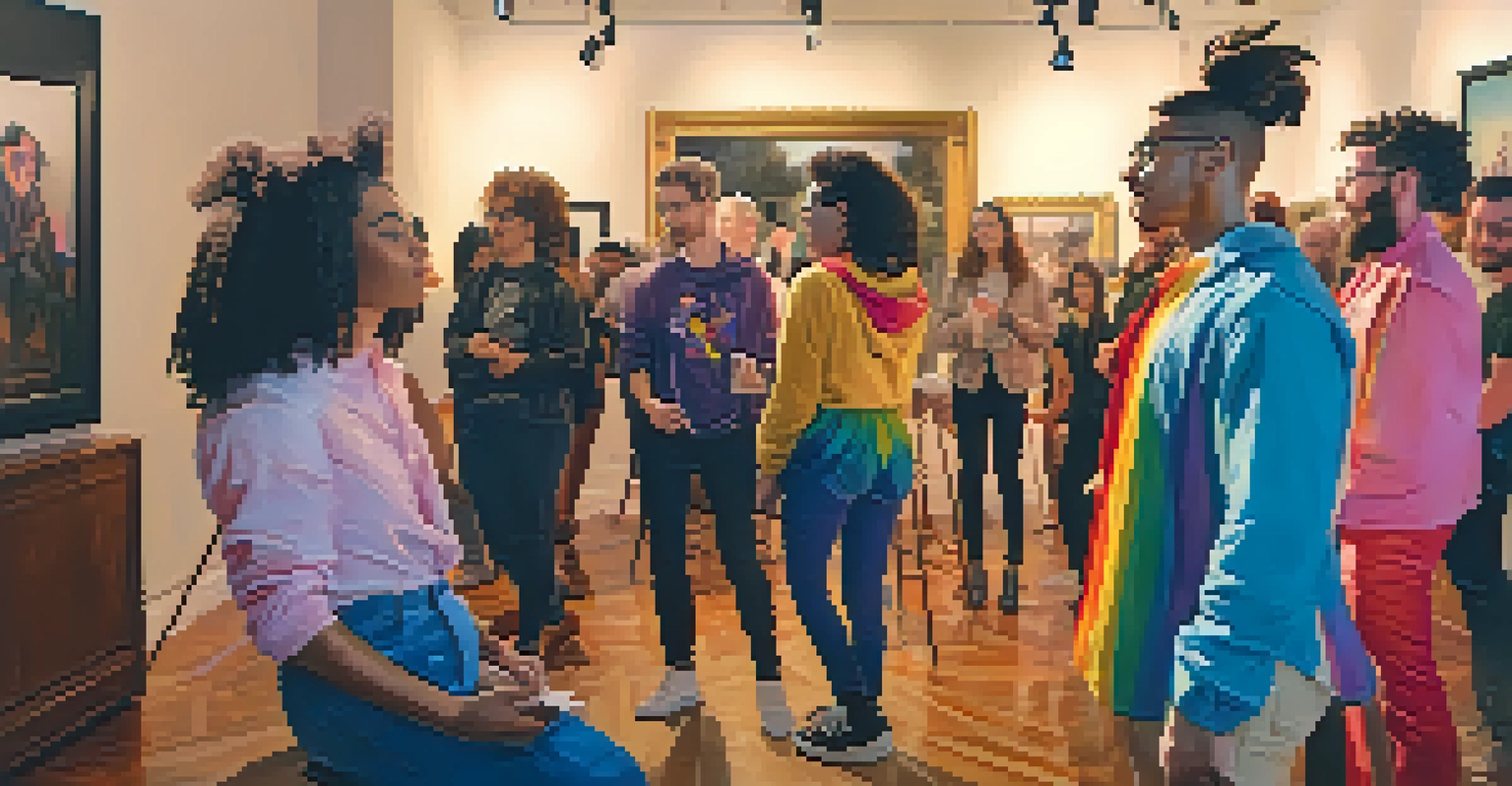A cozy gallery with LGBTQ+ artists performing in vivid costumes, surrounded by artworks that reflect LGBTQ+ culture, illuminated by warm lighting.