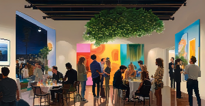 A bustling nighttime gallery event filled with people, soft lighting, and contemporary artwork on display.