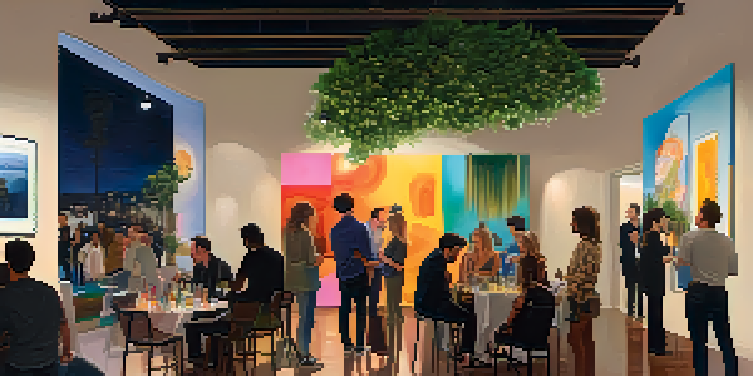A bustling nighttime gallery event filled with people, soft lighting, and contemporary artwork on display.