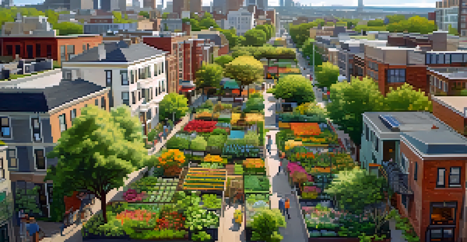 An aerial view of a Portland neighborhood featuring community gardens and solar panels, showcasing urban greening efforts.
