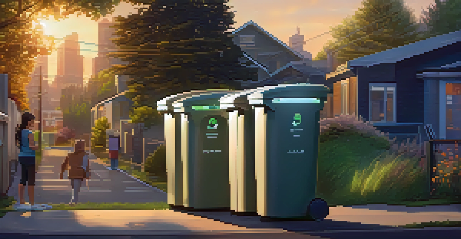 Smart waste bins in a Portland neighborhood with a resident interacting with one, highlighting the city's sustainability efforts.