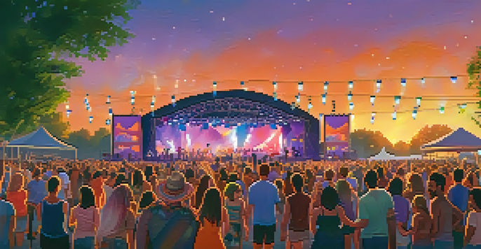 A lively outdoor music festival with a colorful stage, diverse crowd, and sunset sky.