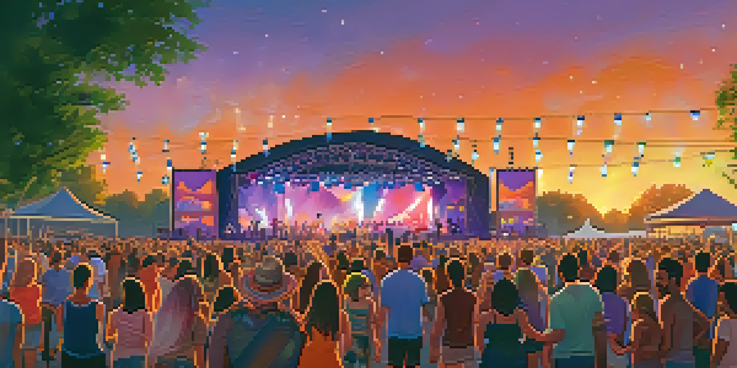 A lively outdoor music festival with a colorful stage, diverse crowd, and sunset sky.