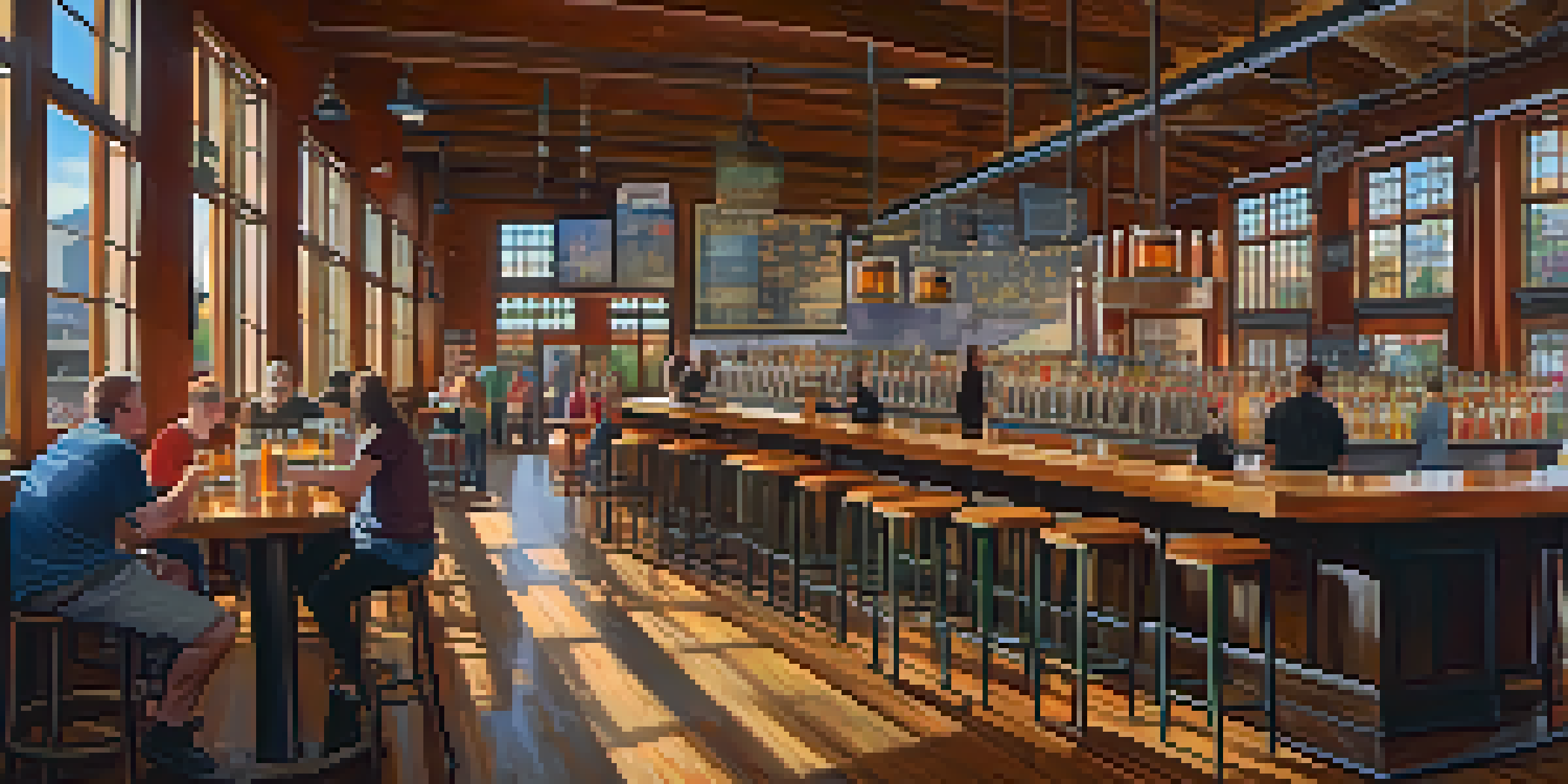 A bustling Portland brewery interior with patrons enjoying craft beers at a wooden bar, sunlight streaming through large windows.