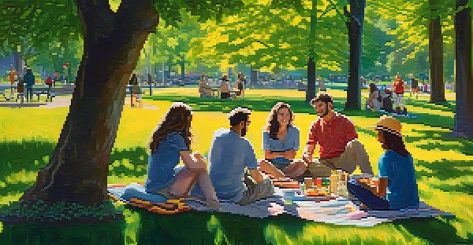A sunny day in Washington Park with diverse people enjoying a picnic among colorful flowers and greenery.