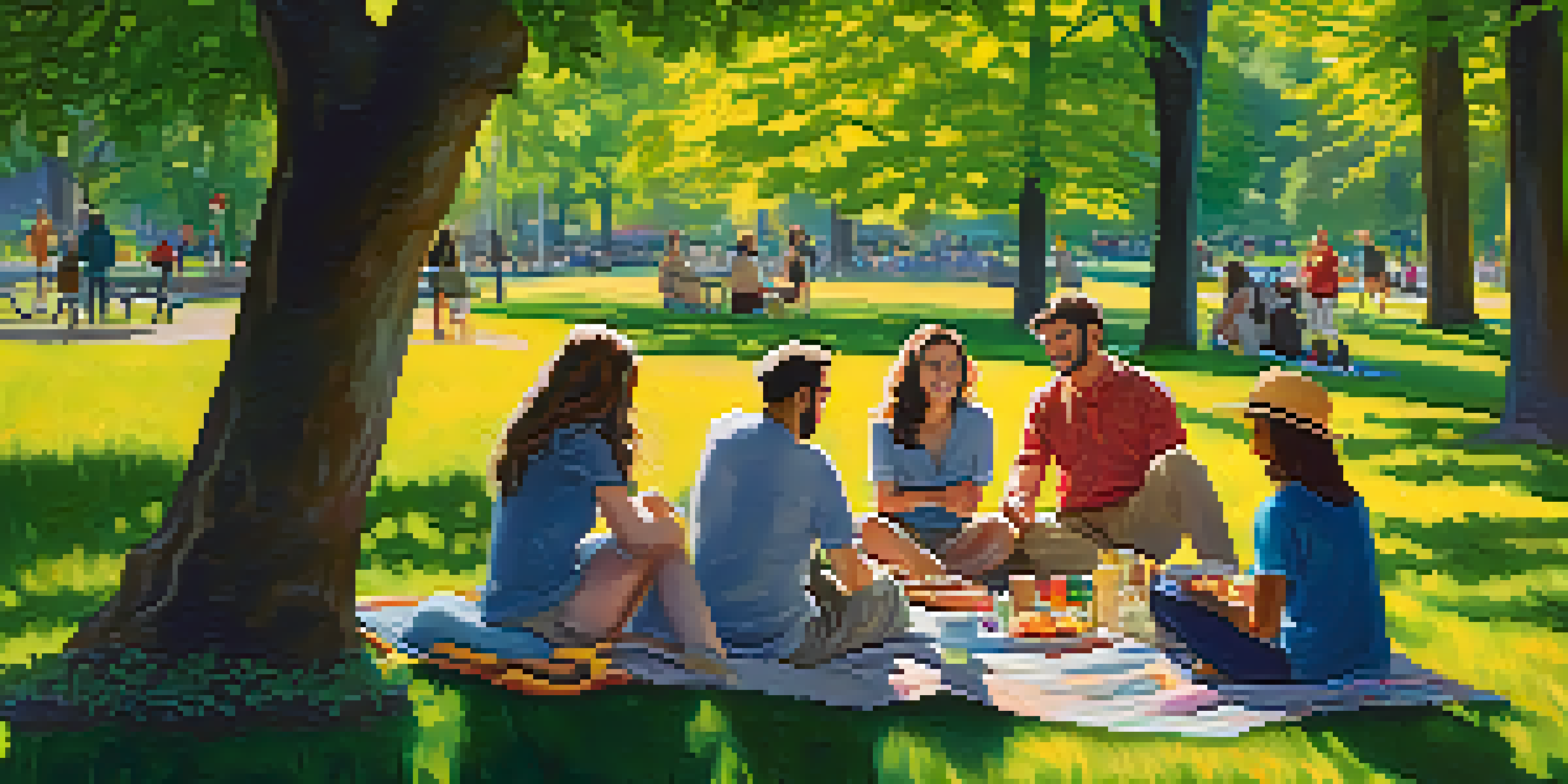 A sunny day in Washington Park with diverse people enjoying a picnic among colorful flowers and greenery.