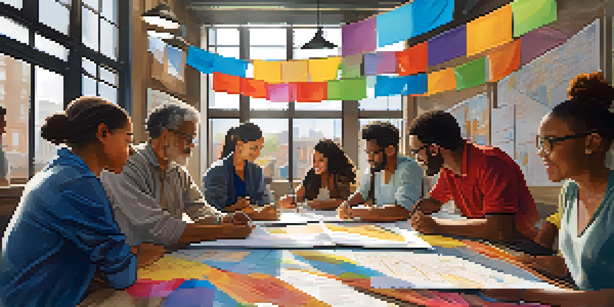 A diverse group of residents participating in a community workshop, discussing urban planning at a large table covered with maps and documents in a bright, welcoming space.
