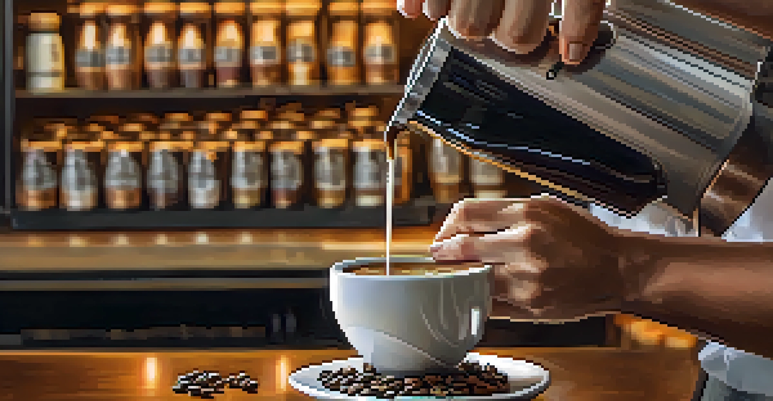 A barista pouring latte art into a cup of coffee, surrounded by bags of direct trade coffee beans in a warmly lit cafe.