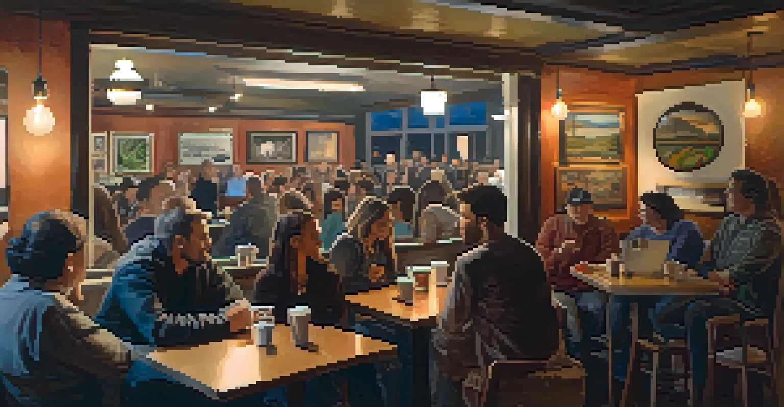 A vibrant café scene during an open mic night, with diverse patrons, a performer on stage, and artwork on the walls, all under warm lighting.