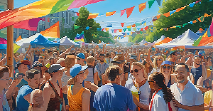 A lively crowd at the Portland Pride Festival, celebrating diversity with colorful flags and bright outfits under a clear blue sky.